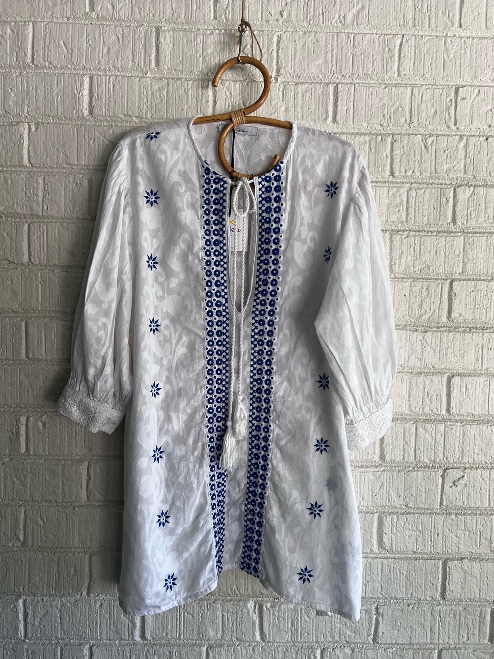 NWT Kaftan short dress with Blue Embroidered Trim (One Size) Achilleas EU London
